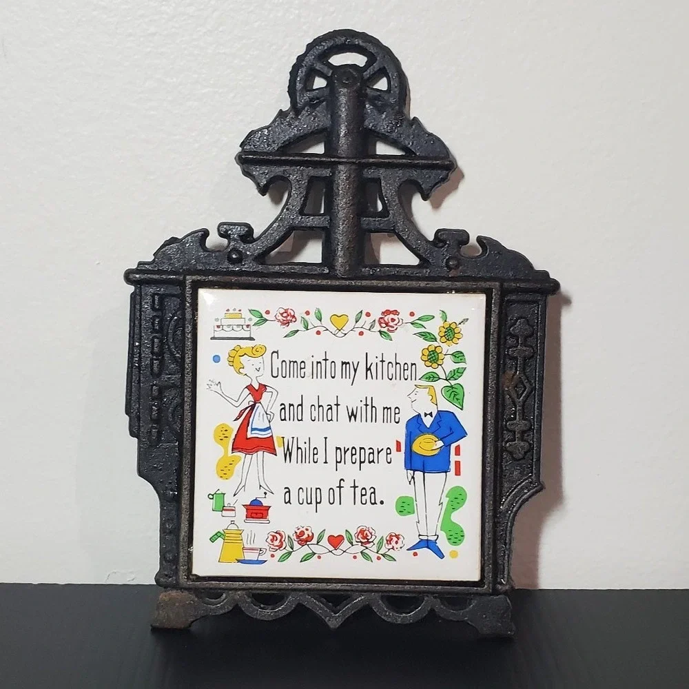 Vintage Cast Iron Ceramic Porcelain Trivet Wall Hanging 1960's Lego Japan